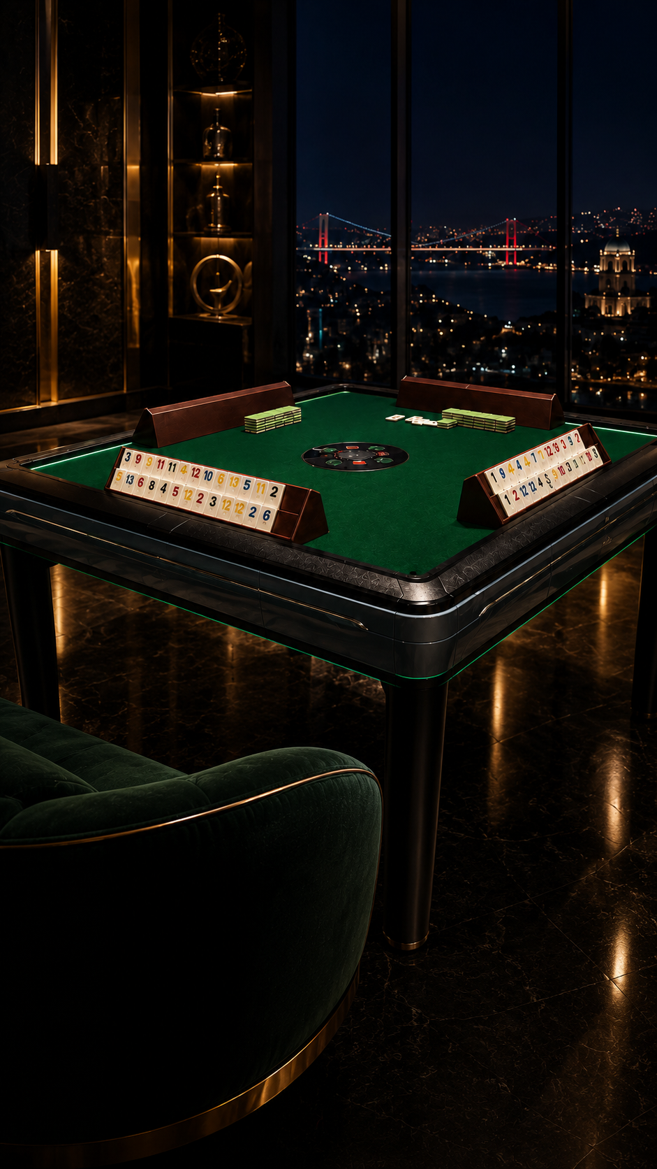 Elektronischer Premium-Okey-Tisch in einer luxuriösen Penthouse-Lounge bei Nacht